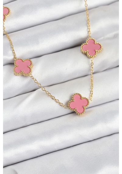 Mey İthalat 316l Çelik Zincir Gold Pembe Renk Yonca Kadın Kolye - Özel Seri Meyeb68c946128708b245370f92fb