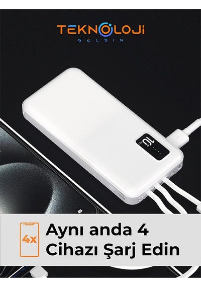 10.000 Mah Powerbank Elfenerli Dijital Led Gösterge Kendinden Kablolu Taşınabilir Şarj Aleti 4 Çıkış Siyah