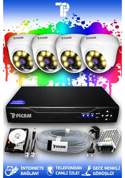 Picam 4 Kameralı Dome 4 İç Kamera Set 2 TB HDD Full HD Renkli Gece Görüşlü Güvenlik Kamerası Sistemi