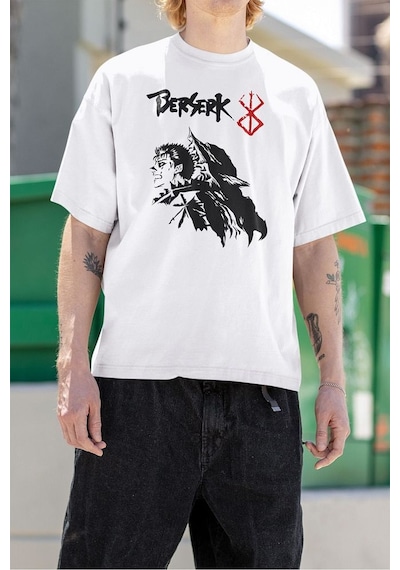 Berserk Karakter Baskılı Unisex Tişört, Oversize Anime Tişört Beyaz