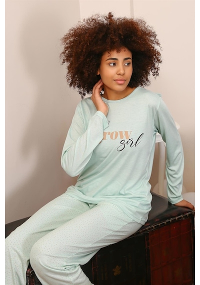 Akbeniz Kadın Penye Uzun Kol Pijama Takım 4188 - L Su Yeşili