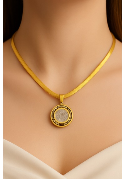 Zirkon Taşlı Madalyon Model Şık Çelik Kolye Gold - 682549640 Gold