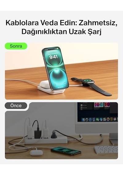 Ultracharge Magsafe Uyumlu 2 Si 1 Arada Qi2 25w Kablosuz Şarj İstasyonu, İphone 17, Airpods, Pixelsnap, Dönüştürülebilir Masaüstü Standı, Usb-c Portlu, 45w Adaptör, Beyaz
