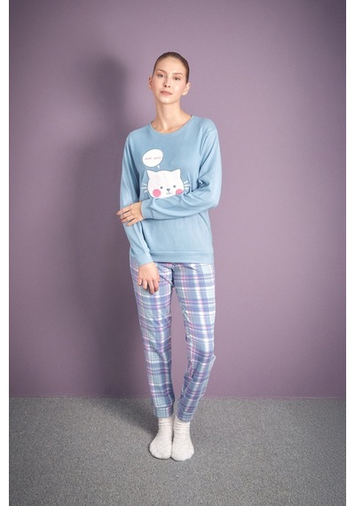 Fullamoda Kedi Nakışlı Bisiklet Yaka 2 Li Pijama Takımı 24mıcg631125732-mavi Mavi