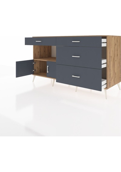 Kronos Konsol Tek Raflı 4 Çekmeceli 2 Kapaklı 176x59x99 Çam-antra Çam-antrasit