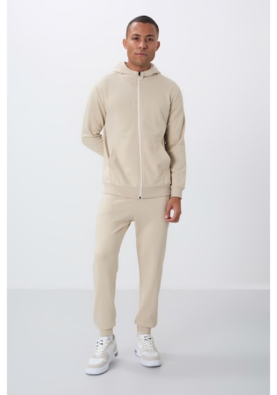 Tommy Life Bej Kompakt Pamuklu Kalın Pürüzsüz Dokulu Kapüşonlu Comfort Fit Erkek Eşofman Takım - 85262 Bej