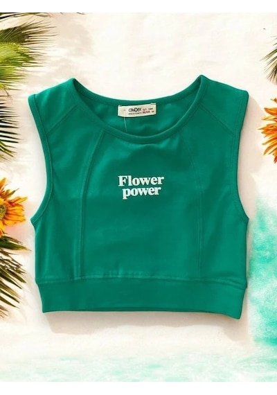 Kız Çocuk Flower Power Yazılı Crop-14406 Yeşil