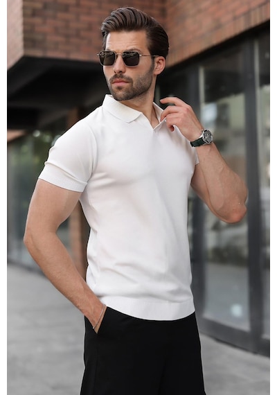 Madmext Beyaz Regular Fit Polo Yaka Triko Erkek Tişört E7502