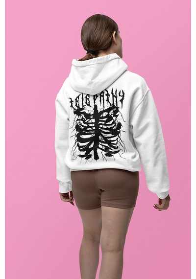 Sevbano Telepathy Baskılı Unisex Oversize Tasarım Hoodie Beyaz