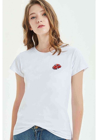 Wv Tosbağa Göğüs Baskılı Beyaz Kadın Tshirt