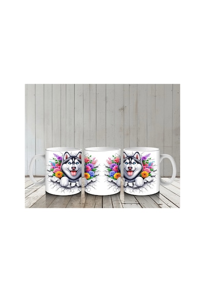 Çiçek Taçlı Gülümseyen Husky Deseni Baskılı Kahve Kupası Renkli