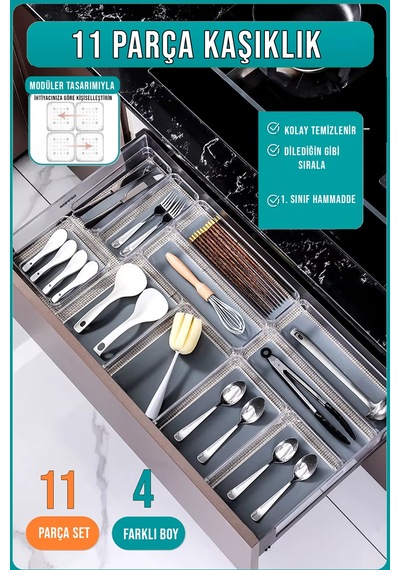 11 Li Kaşıklık Ve Çekmece İçi Düzenleyici Modüler Organizer Set Şeffaf