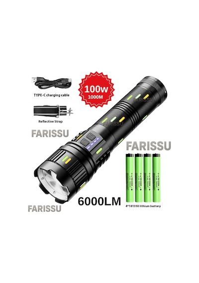 Gold Orıon Or-g400y: 100w Ultra Güçlü, Zoomlu Ve Çok Fonksiyonlu Şarjlı El Feneri Siyah