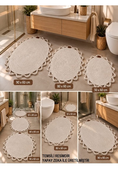 3'lü Jüt Banyo Paspas Seti El Dokuması %100 Pamuk Ekru