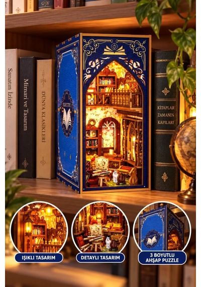 Işıklı Ahşap 3 Boyutlu Puzzle Kitap Arası Dekor 223 Parça Kütüphane Tasarımlı Dekoratif Puzzle