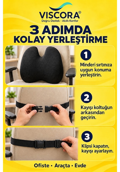 Araba Sırt Minderi Ofis Koltuğu Ve Ev İçin Visco Kelebek Klipsli Bel Destek Yastığı Siyah