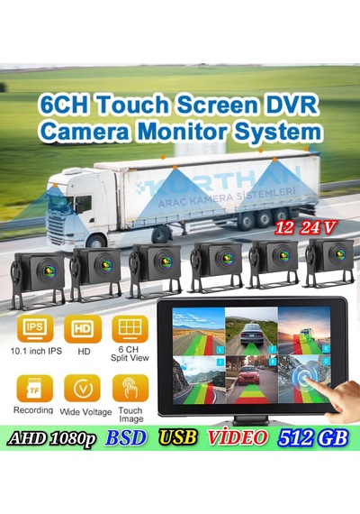 6 Ch 10 İnç Dokunmatik 1080p 6 Kameralı 4k Ultra Hd 512 Gb Dvr-usb-bsd Monitör Seti 12 - 24 Volt