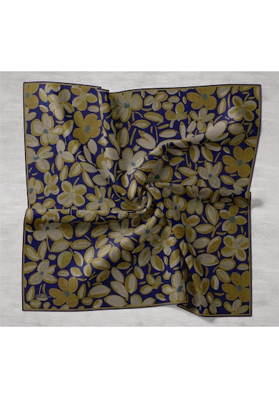 Silk Home Twill İpek Eşarp Lacivert Yeşil Vizon Papatya Desenli Tok Duruşlu 90x90 Çok Renkli