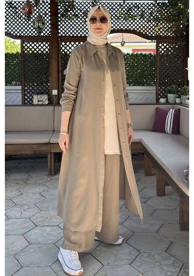 Rabia Şamlı Elif Pantolonlu Takım Vizon Normal