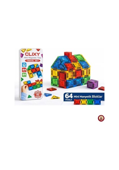 Manyetik Yapı Blokları - 64 Parça Seyahat Tipi Mini Bloklar Metal Saklama Kutulu Çanta Boy Renkli
