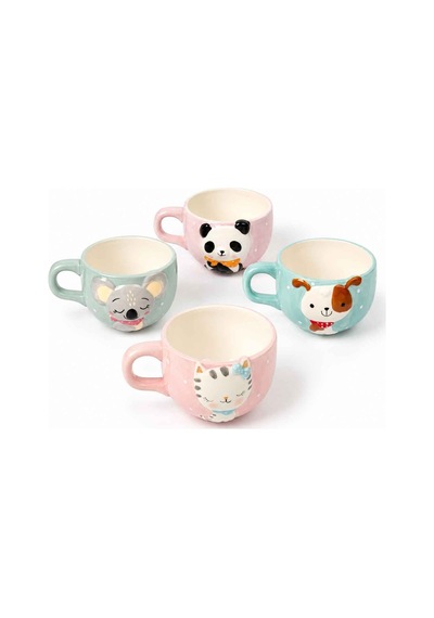Minizoo 3d Hayvan Figürlü Kedi Köpek Panda Fil 4 Adet Porselen Kupa Seti Renklı