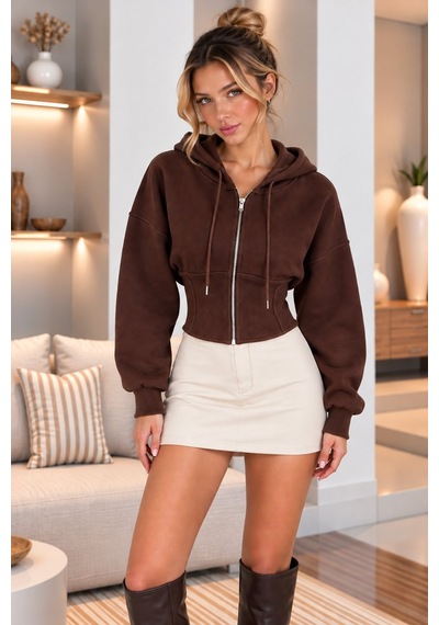 Lima Kahve Kadın Kapüşonlu Fermuarlı Crop Sweatshirt Beli Korse Detaylı Uzun Kollu Oversize Sweat Lima Kahve Kadın Kapüşonlu Fermuarlı Crop Sweatshirt Beli Korse Detaylı Uzun Kollu Oversize Sweat