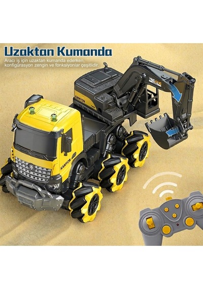 Uzaktan Kumandalı Şarjlı Kepçe İş Makinesi - Mecanum Tekerlekli, Işıklı Sesli, Yatay Giden Oyuncak Kepçeli Kamyon