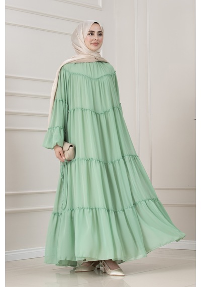 Sevitli Robalı Manolya Şifon Elbise-mint Yeşili-5785