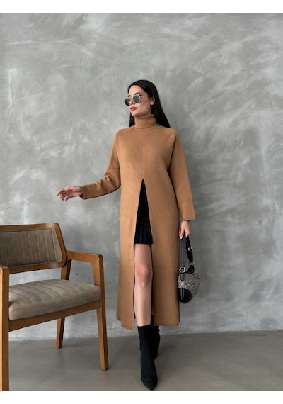 Anbly Collection Uzun Kollu Tam Balıkçı Yaka Önden Yırtmaçlı Triko Panço Elbise