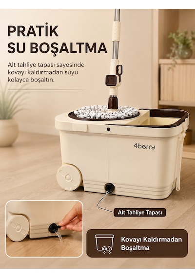 Tekerlekli Spin Mop Seti- Pedallı Sıkma Hazneli, Mikrofiber Başlıklı Ve Teleskopik Saplı Temizlik Seti
