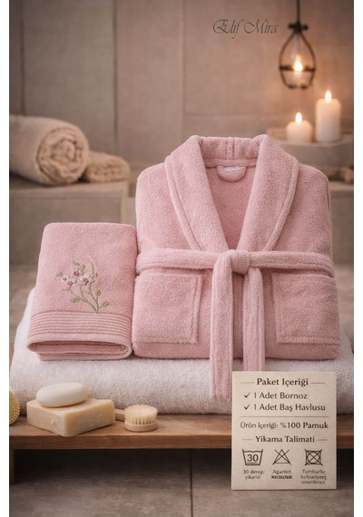 Tek Kişilik Banyo Havlulu Bornoz Seti Pamuklu Bukle Şalyaka Nuvia Pembe