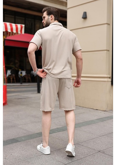 Bej Polo Yaka T-shirt Şort Takım E7363