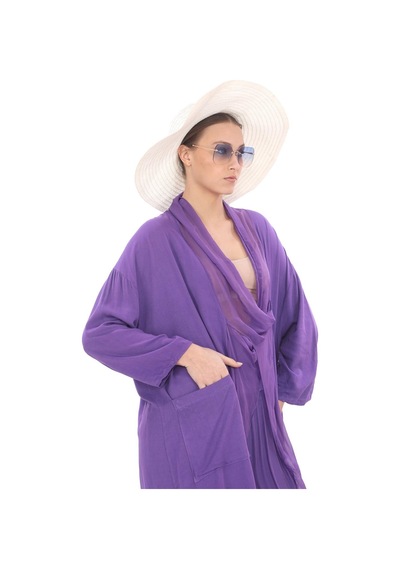 Italyan Ipek Detaylı Oversize Kap Bluz- Wes Pantolon Takım Açık Mor