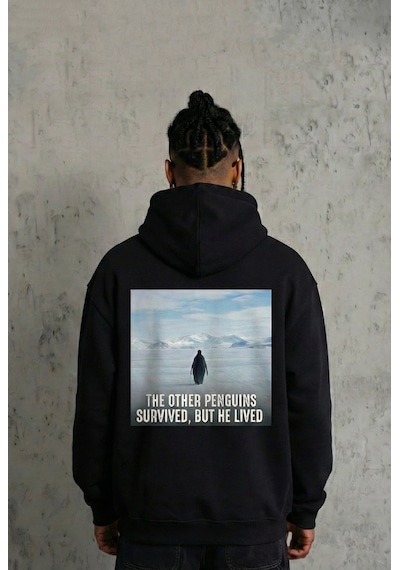 Barlashive Erkek Survivor Penguin Baskılı 3 İplik Pamuklu Kapüşonlu Sweatshirt Hoodie Siyah Çok Renkli