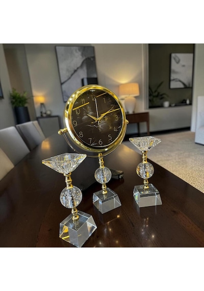 Crystal Gold Dekoratif Masa Saati Seti Lüks Cam & Metal Modern Salon Ve Ofis Aksesuarı Altın