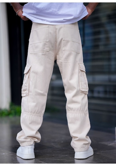 Erkek Kargo Cep Baggy Pantolon Rengi Krem
