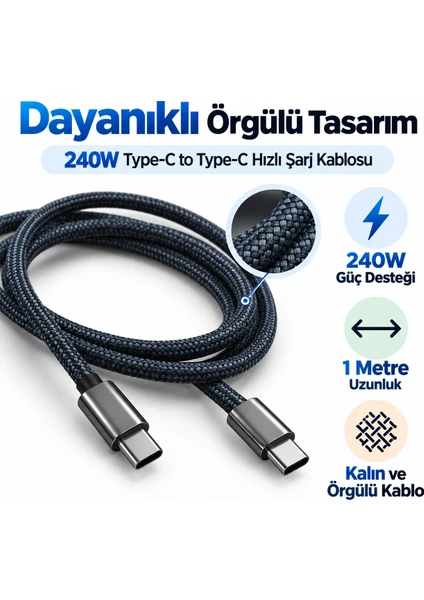 Type-c To Type-c 240w Örgülü Hızlı Şarj Ve Data Kablosu 1 Metre Hasır Dayanıklı Kablo