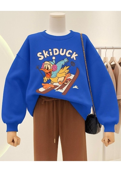 Benroma 3 İplik Penye Skiduck Baskılı Unisex Sweatshırt Saks Mavisi