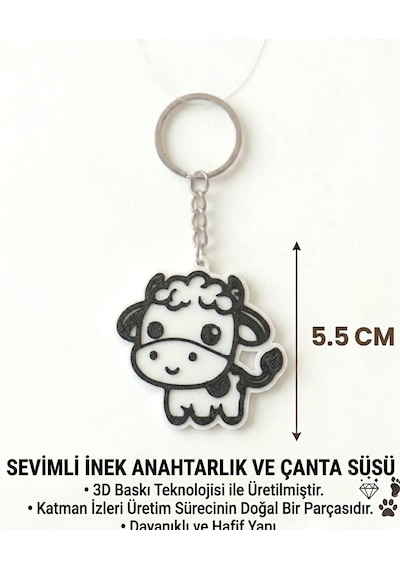 Sevimli İnek Anahtarlık & Çanta Süsü Beyaz - Siyah
