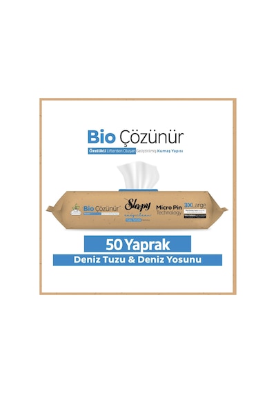 Sleepy Bio Çözünür Yüzey Temizlik Havlusu&Mendili Deniz Tuzu&Yosun 50 Yaprak