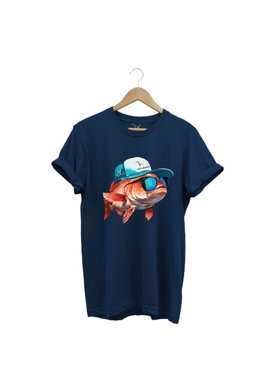 Avcılık Fishing Balık Avcılığı Şapkalı Komik Balık Tasarımı Baskılı Regular Fit %100 Pamuk Tişört Lacivert