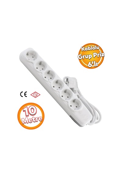 Kablolu 6'li Topraklı Grup Priz Fiş Çoğaltıcı 10 Metre Çoklu Asmalı Uzatma Kablosu Anahtarsız 0