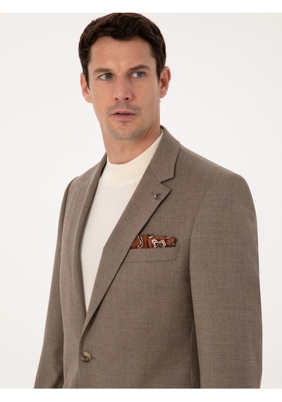 Cacharel Camel Slim Fit Yün Karışımlı Mikro Desenli Klasik Ceket Kahverengi