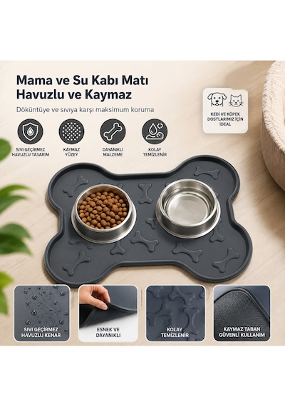 Kedi Köpek Mama Ve Su Kabı Altlığı Kemik Figürlü 45x35 Cm Kaymaz Mama Matı Yıkanabilir Döküntü Önleyici