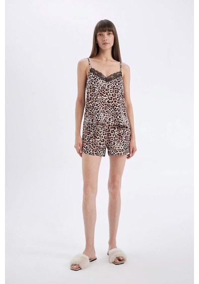 DeFacto Saten Pijama Takımı Leopar Desenli Askılı Üst Esnek Belli Şort-Fall in Love D4406AX24HSBK27