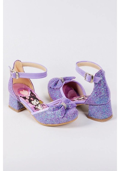 Nese Shoes Kız Çocuk Topuklu Ayakkabı, Karakter Baskılı Simli Fiyonklu Abiye Mor