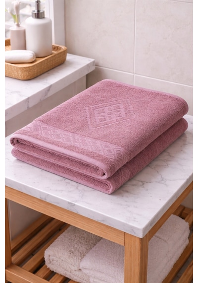 Eponj %100 Pamuk 70x140 Jakarlı Banyo Havlusu 450 Gr Kendinden Desenli Gül Kurusu