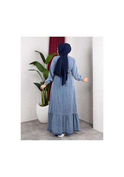 Hb Harma Time Butik Kadın Düğmeli Kuşaklı Denim Kot Mavi Elbise Mavi Mavi