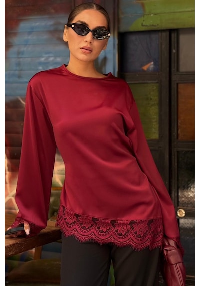 Madmext Bordo Asimetrik Dantelli Uzun Kollu Saten Bluz Mg2799