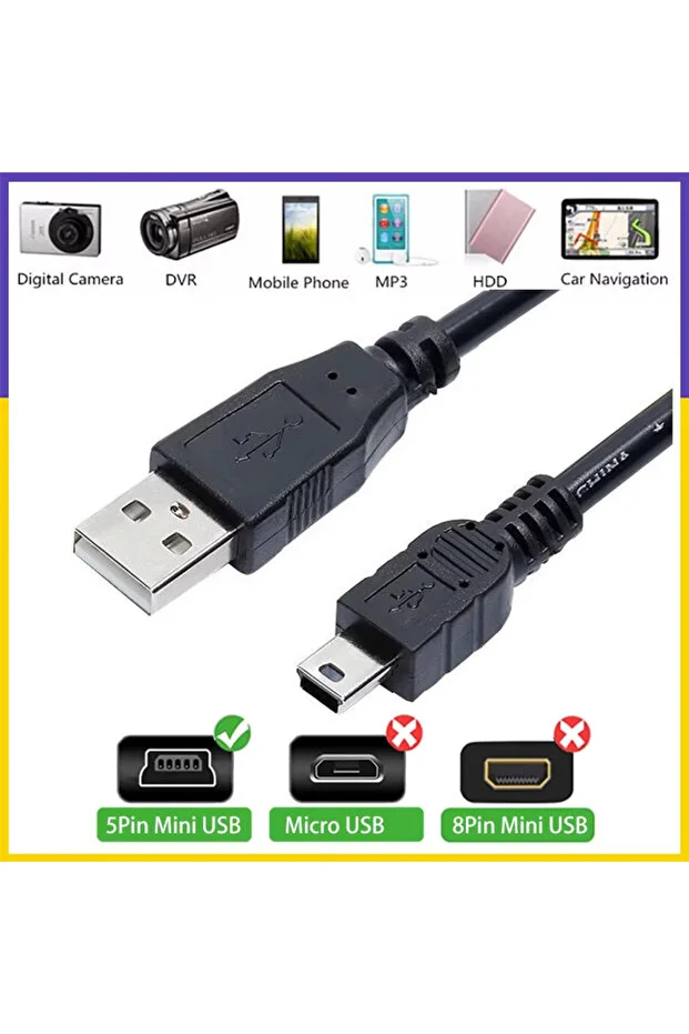 1.5 Metre Usb 2.0 Tip A Erkek 5pin Mini Usb Veri Şarj Kablosu Hdd İçin Mp3 Ps3 Kamera Gps V3 Kablosu 1,5m